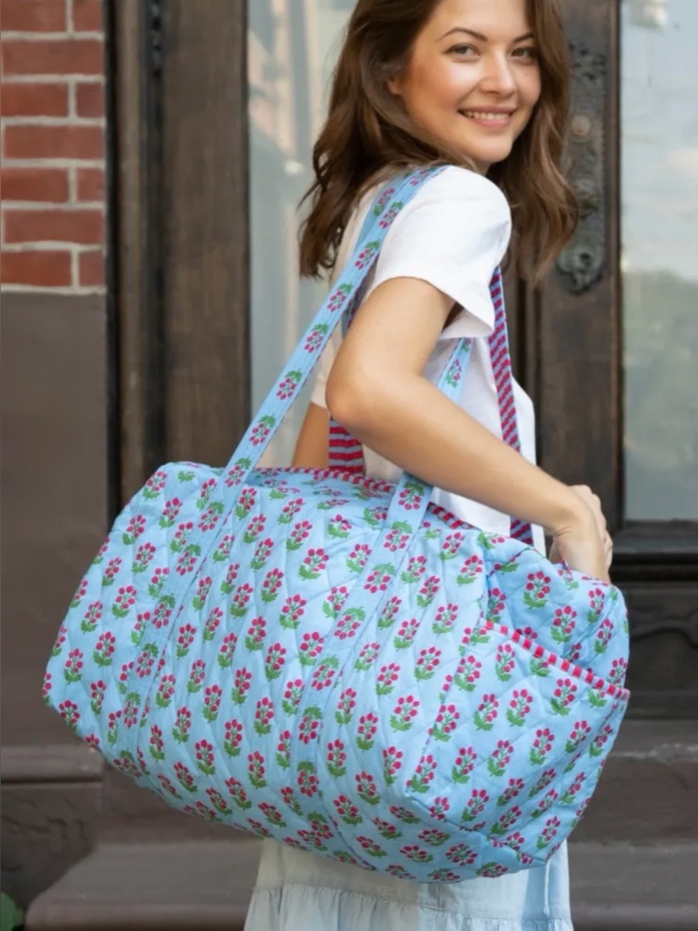 Brand New Printfresh In Bloom Quilted Duffle Bag in Denim